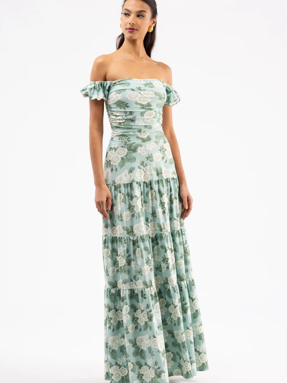 Off-Shoulder Floral Tiered Maxi Dress in Sage Green